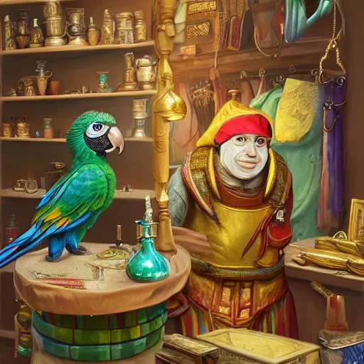 Image similar to Anthropomorphized parrot trader in his shop, selling his wares, portrait, items, gold, magic potions, carpet, window, sly expression , cunning expression, cute expression, long beak, presenting wares, holding a gold bag, D&D, fantasy, cinematic lighting, highly detailed, digital painting, artstation, concept art, smooth, sharp focus, illustration, warm light, cozy warm tint, magic the gathering artwork, volumetric lighting, 8k, art by Akihiko Yoshida, Greg Rutkowski