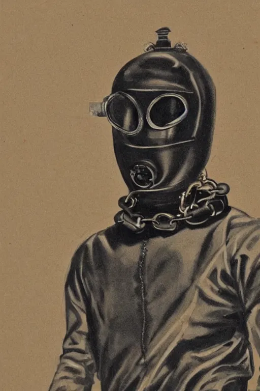 Prompt: a man wearing a classic diving suit mask, world war ii military style, metal chain and black cape,, trending on pixiv fanbox,