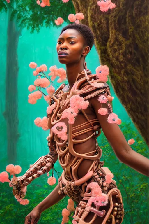 Prompt: hyperrealistic post - renaissance cinematic super expressive! yoruba goddess with exoskeleton armor, merging with tree in a forest, pink orange flowers, highly detailed digital art masterpiece, smooth cam de leon eric zener dramatic pearlescent soft teal light, ground angle hd 8 k, sharp focus