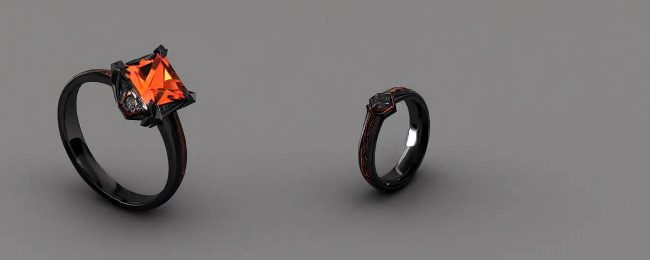 Image similar to simple black tungsten magic crystal ring, radiant cut, fire, orange, smooth shank, crystal, engravings, diamonds, product design, jewelry, colorful, art by gerald brom, greg rutkowski and artgerm, photo realism, unreal engine, c 4 d