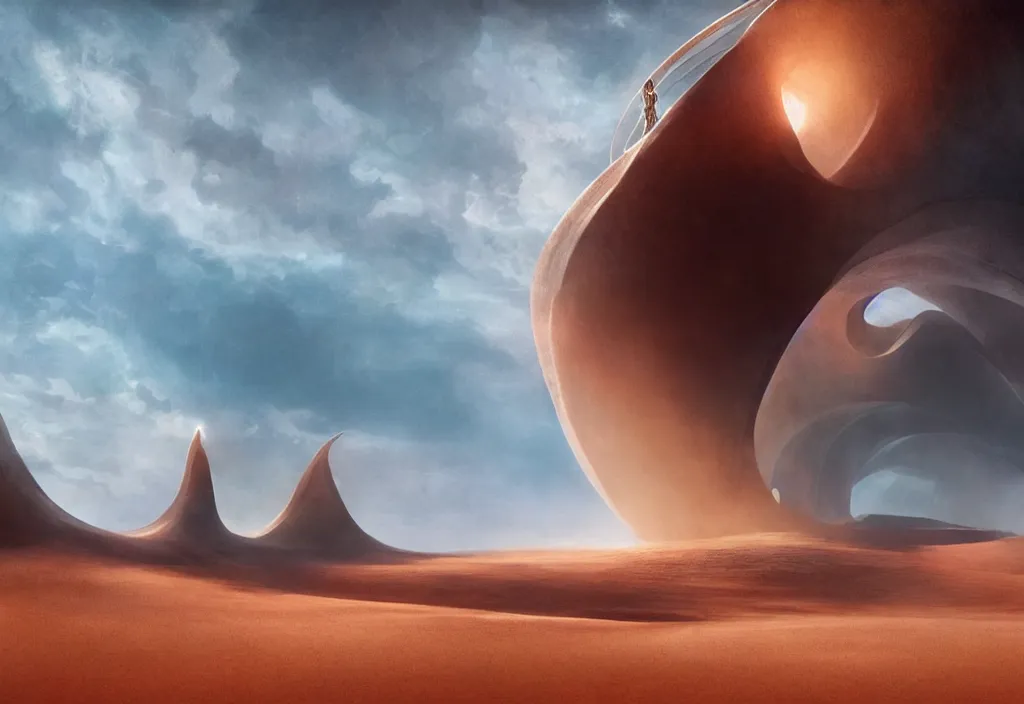 Image similar to a dramatic epic ethereal stunning beautiful and insanely detailed matte painting of the movie Dune, atmospheric!! and vaporwave composition, digital art by John Martin and Jean Giraud, winning-award masterpiece, fantastic, octane render, 8K HD Resolution, High quality image