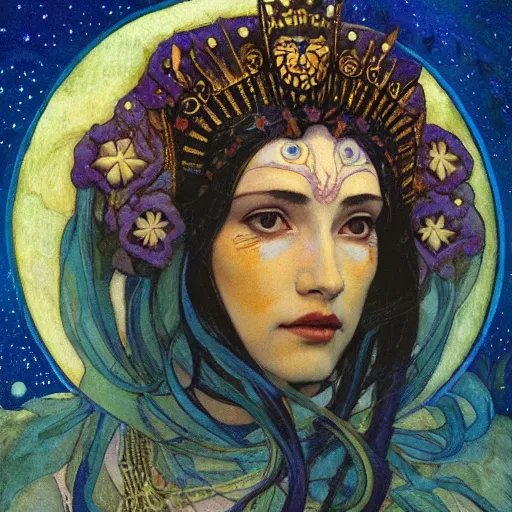 Prompt: queen of the moon with stars in her hair, by nicholas roerich and annie swynnerton and donato giancola and dulac, dramatic lighting, god rays, geometric tattoos, rich colors, smooth sharp focus, extremely detailed, leo and diane dillon, adolf wolfli