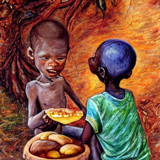 Image similar to oil painting of a malnourished ugandan boy sharing bread with a blond well fed child, by josephine wall american