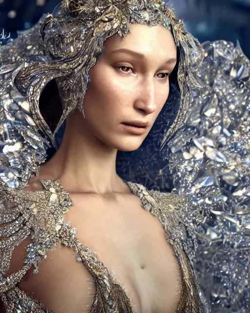 Prompt: a highly detailed metahuman 8 k close up render of bella hadid with a veil on her head and face renaissance in iris van herpen dress schiaparelli in diamonds crystals swarovski and jewelry iridescent in style of alphonse mucha trending on artstation made in unreal engine 4