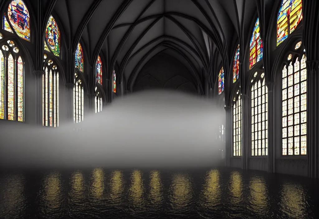 Image similar to kodak portra 4 0 0 photographic and realistic, interior of a gothic cathedral, detailed, octane render, unreal engine 5, 8 k, artstation, hyper realistic, wide angle, floor flooded how a lake, hole objects that float, 3 5 mm, sharp focus, soft light, epic volumetric light fog, in the style of gregory crewdson