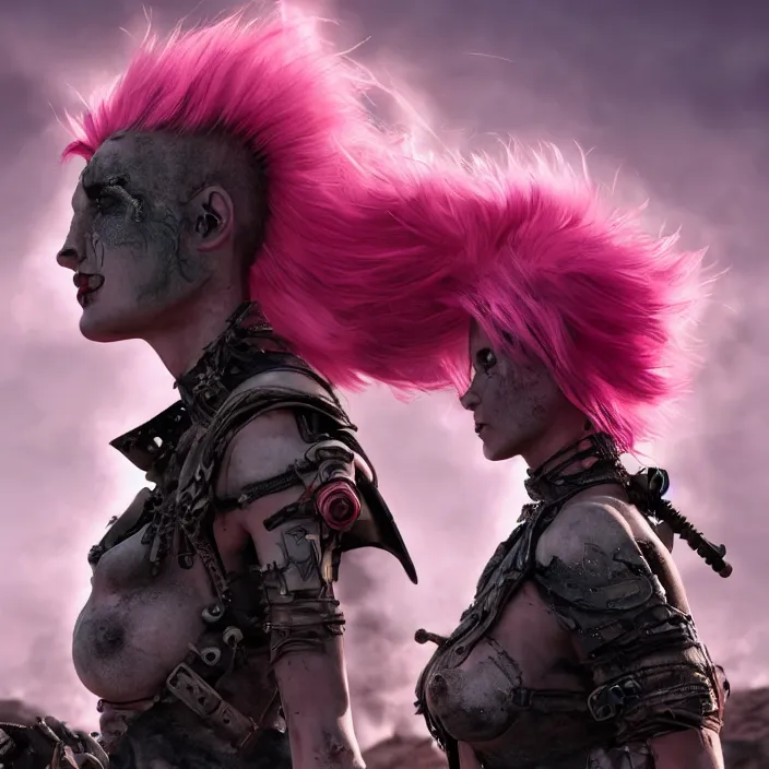 Image similar to beautiful apocalyptic woman with pink Mohawk, standing on mad max panzer tank, 4k ultra hd, fantasy dark art, smooth, artstation, octane render