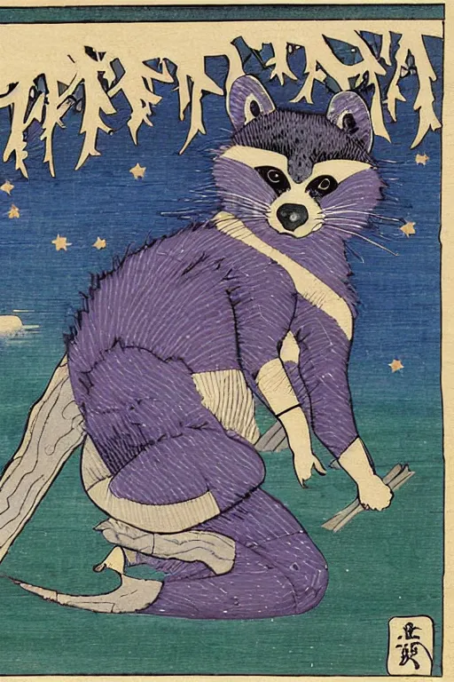 Image similar to purple raccoon in the stars in the style of Utagawa Hiroshige