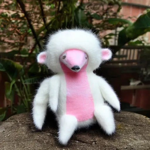 Prompt: a creepy white - and - pink coati plushie made with rough fabric and wearing a shirt