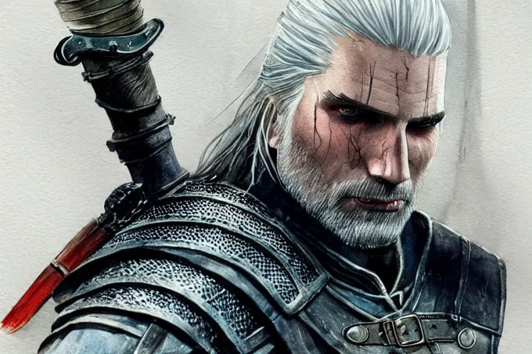 Image similar to a watercolour of Geralt from The Witcher by Josepth zbukvic