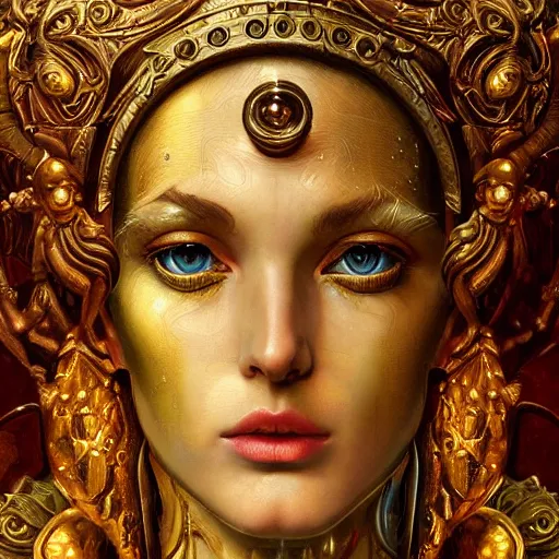 Prompt: masterpiece baroque neoclassicist closeup renaissance portrait of a striking art deco android priestess, glowing eyes. reflective detailed textures, highly detailed fantasy science fiction painting by moebius, magali villeneuve, annie swynnerton, norman rockwell and saturno butto and jean delville, elaborate geometric ornament, cool colors. artstation