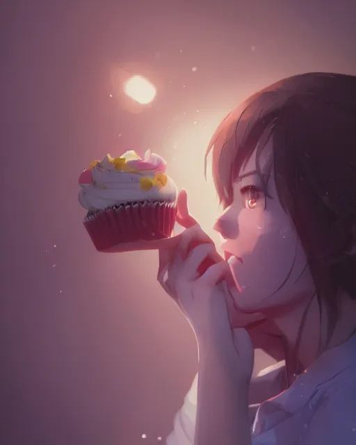 Image similar to a woman eating a cupcake, full shot, atmospheric lighting, detailed face, by makoto shinkai, stanley artgerm lau, wlop, rossdraws