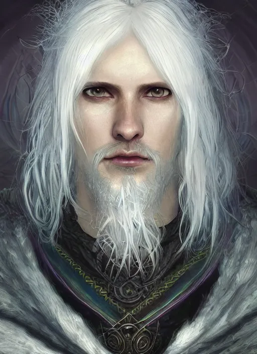 Image similar to Portrait of hexblade warlock aasimar, white glowing eyes, silver shaggy hair, short scruffy beard, cloak, teal ethereal tendril wings, male, fantasy, extremely detailed, digital painting, artstation, concept art, smooth, sharp focus, illustration, stunning lighting, art by artgerm and greg rutkowski and alphonse mucha and simon stalenhag, realistic character concept, high fantasy, light atmosphere, golden ratio, cinematic lighting, hyperdetailed, high resolution, insanely detailed and intricate, artstation, Marc Simonetti, Greg Rutkowski, 8k, 4k