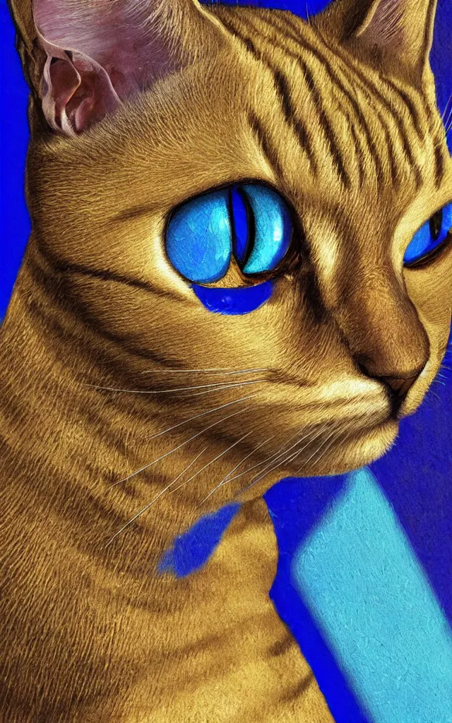 Image similar to Bastet sublime cat goddess Egyptian aesthetic yellow gold eyes blue fur, fine oil portrait digital art, sharp colors