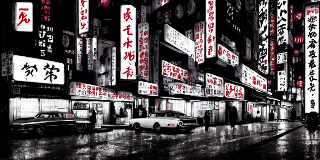 Prompt: Noir Cyberpunk Tokyo with neon signs in Japanese, raining, dark, gloomy atmosphere in style of 60-s Movies. Symbolism, Detailed Art, 8K, Epic, Dynamic Light.