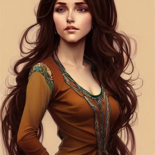 Image similar to woman with long brown hair wearing a blouse and jeans, highly detailed, digital painting, artstation, concept art, smooth, sharp focus, illustration, art by artgerm and alphonse mucha