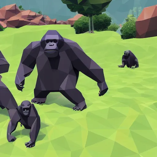 Prompt: gorillas without legs and using their arms to move. playing a game of tag in low poly video game