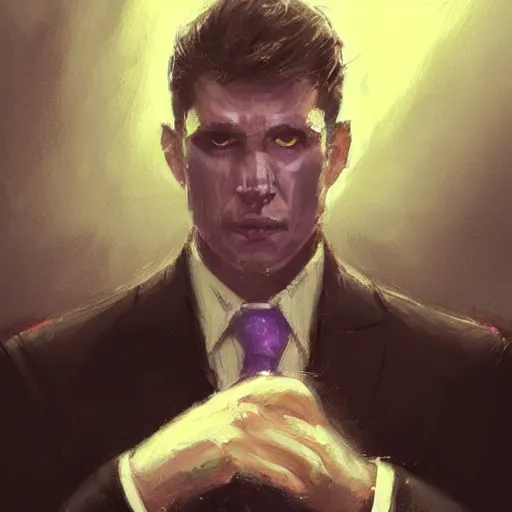 Image similar to Portrait of a man by Greg Rutkowski, he is about 40 years old, mixture between russian and irish, coiffed brown hair, attractive, bright purple eyes, extremely pale white skin, smart looking, he is wearing a black futuristic lawyer outfit, highly detailed portrait, scifi, digital painting, artstation, concept art, smooth, sharp foccus ilustration, Artstation HQ