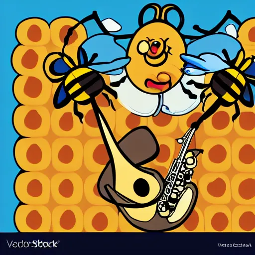 Image similar to saxophone with bees flying out of it and honey cartoon