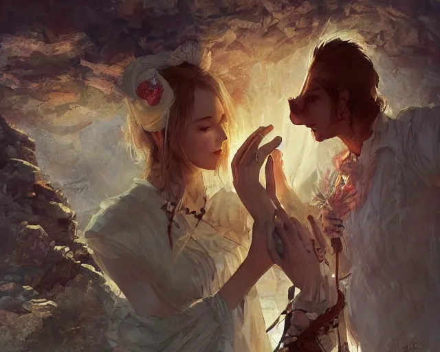 Image similar to a cinematic boy girl traditional romance moment, exploring the caves boho clothing, full body illustration, bestselling movie art poster, official media, 1970s fashion, dynamic lighting official anime media, incredible art by artgerm and greg rutkowski