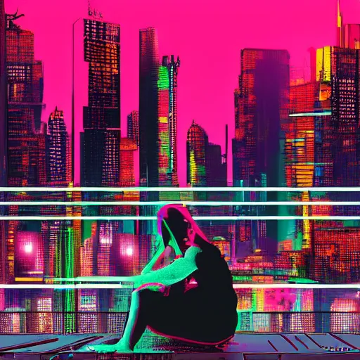 Prompt: a woman sitting in front of a large window, cyberpunk neon city in the background, digital art,