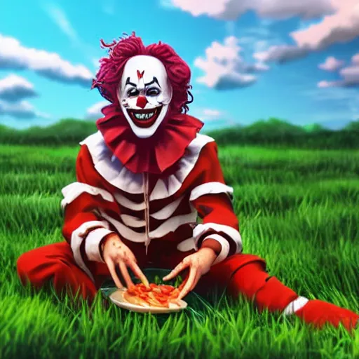 Prompt: killer clown eating uncooked prawns on grassy knoll, anime style, hyperdetailed, volumetric lighting,