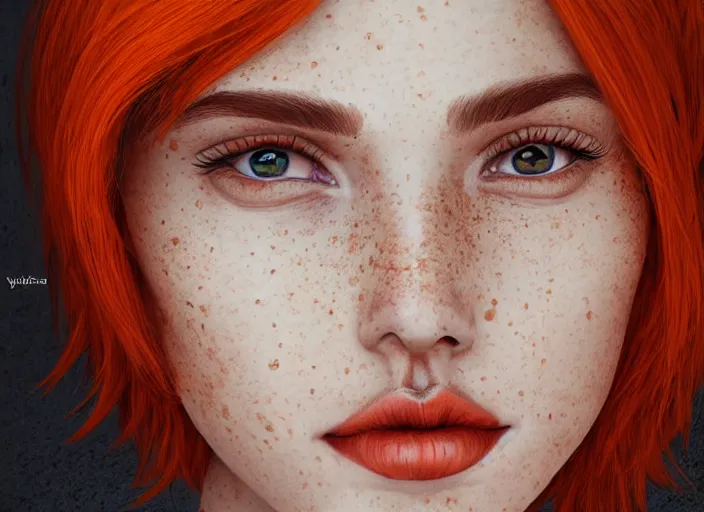 Prompt: portrait Girl with orange hair and freckles, cute-fine-face, white-hair pretty face, realistic shaded Perfect face, fine details. realistic shaded lighting by (((Yasar Vurdem)))