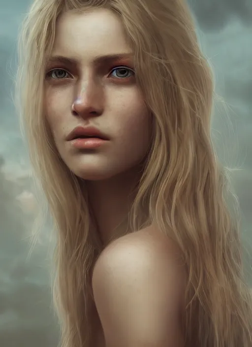 Prompt: beautiful art portrait by Max Nonnenbruch depicting blonde woman, evening, atmospheric lighting, intricate detail, cgsociety, hyperrealistic, octane render, ambient light, dynamic lighting