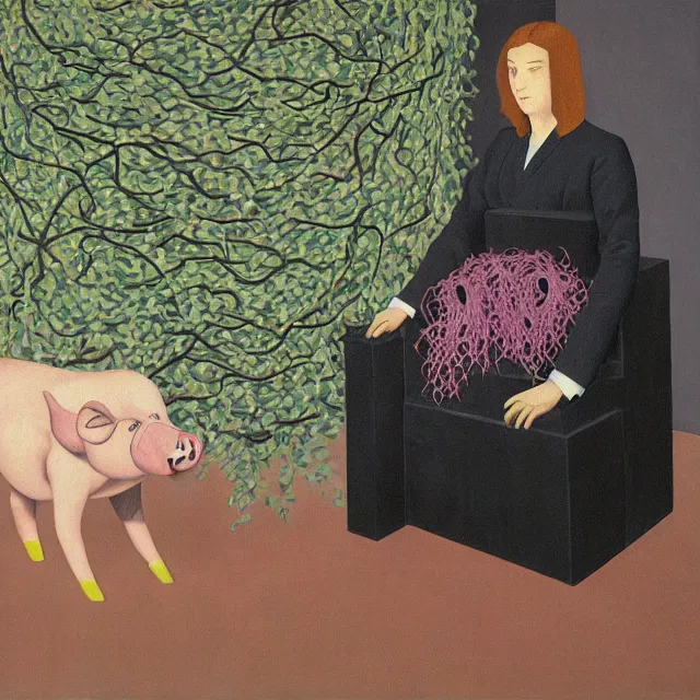 Prompt: a female pathology student in her apartment, wrapped in vines, medical equipment, stepping stones, octopus, pig, parrot, black walls, ikebana, black armchair, sculpture, acrylic on canvas, surrealist, by magritte and monet