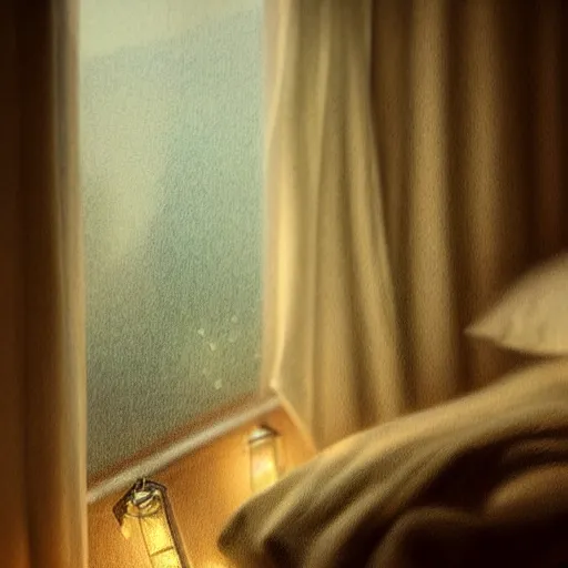 Image similar to on a rainy day, someone sits in bed, curled up under the covers, looking out the window, cinematic, artstation, extremely detailed, intricate, cinematic lighting, art by pierre - auguste renoir