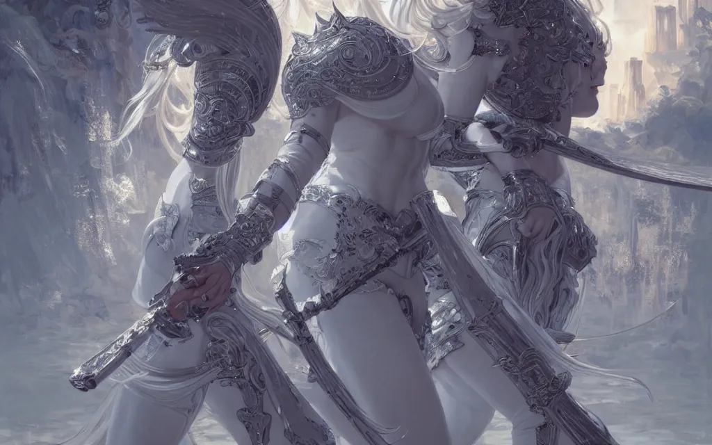 Image similar to white hair knights of zodiac girl, sliver ice color reflected armor, kung fu fighting in ruined agora of athens sunrise, ssci - fi and fantasy, intricate and very very beautiful and elegant, highly detailed, digital painting, artstation, concept art, smooth and sharp focus, illustration, art by tian zi and wlop and alphonse mucha