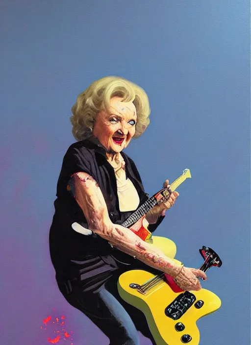 Image similar to Betty White shredding on an electric guitar, painting by Frank Frazetta, 3D rendering by Beeple, crusty