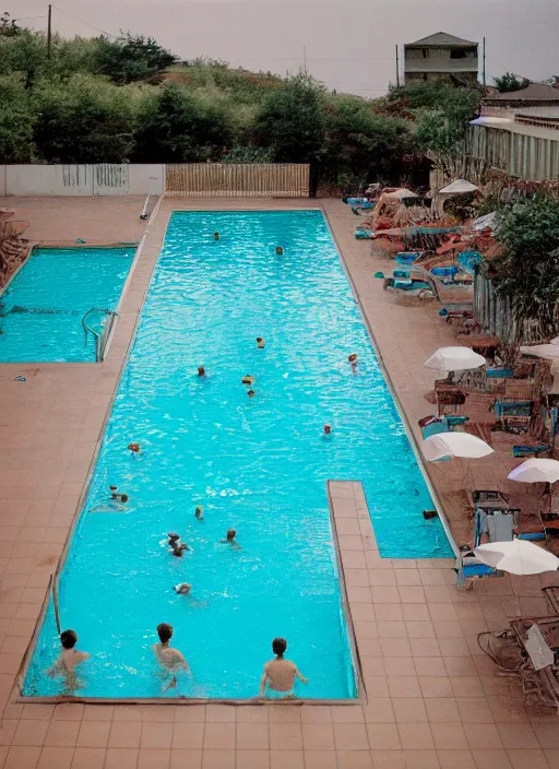 Prompt: photograph of a swimming pool in the style of wes anderson, 5 0 mm, pentax, film