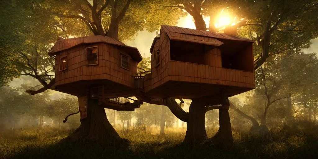 Image similar to a cardboard box treehouse, highly detailed, 8 k, hdr, award - winning, octane render, artstation, volumetric lighting