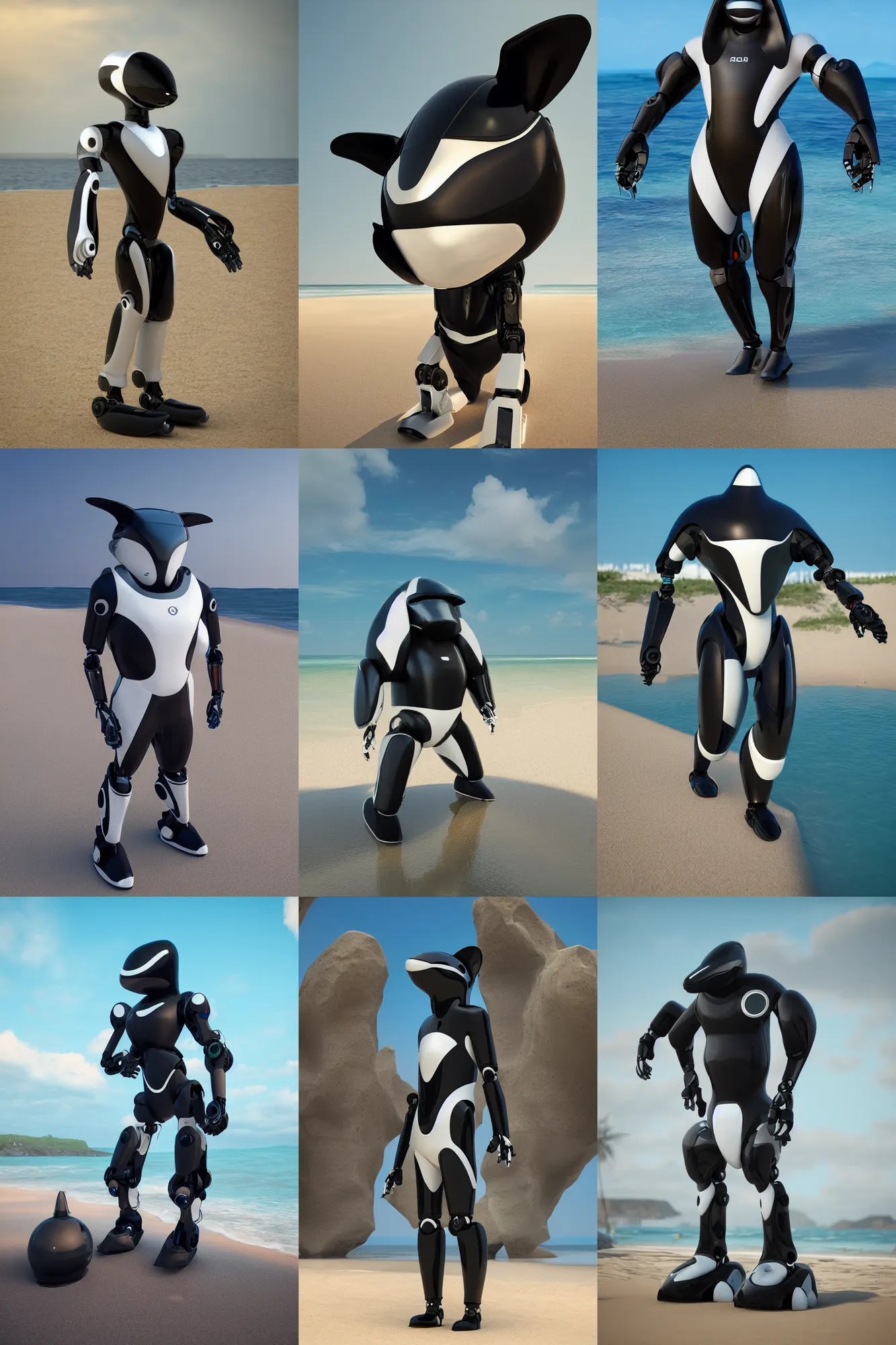 Prompt: male robotic anthro orca standing on a beach, visor screen for face, snout under visor, sleek cool waterproof design, commission on furaffinity, cgsociety, octane render