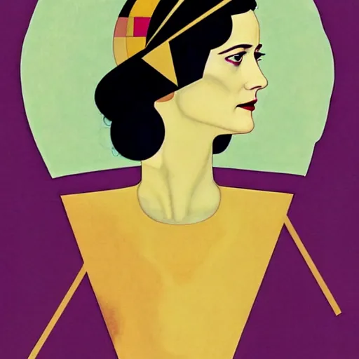 Prompt: Eva Green, Art by Coles Phillips, Portrait of the actress, Eva Green as Space Commander Alpha from the Year 4000, geometric art, poster, no text, Mucha, Kandinsky, carbon blac and antique gold