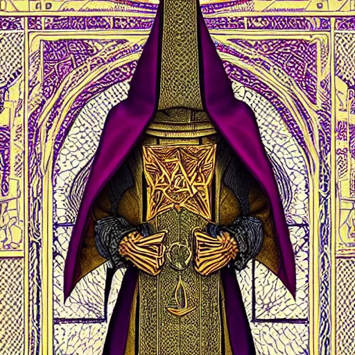 Prompt: man wearing an embroidered cloak and holding scales, tower, archway, gate, geometric, tarot card style, intricate, highly detailed, full color, detailed face, trending on artstation
