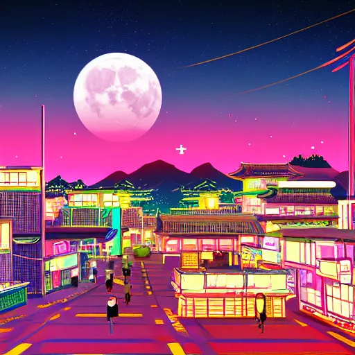 Image similar to synthwave japanese town with moon background, sharp focus, 8 k, high details