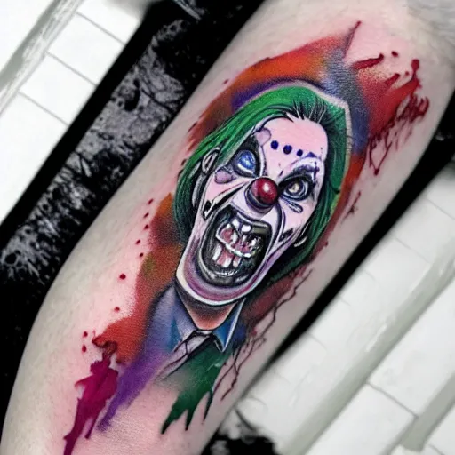 Prompt: tattoo of a a zombie clown horor watercolor, white, red green, purple and black ink strokes detailed, hyperrealistic trending on artstation