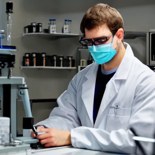 Prompt: mothman, wearing a labcoat, in a lab, writing on a clipboard