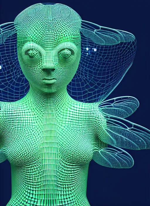 Image similar to 3 d goddess medium shot profile portrait. beautiful intricate highly detailed mask made entirely of bubbles and futuristic iridescent skin. dragonfly, 🪲, phosphorescence, water, reflections, creature, artwork by yayoi kusama, tooth wu and wlop and beeple and greg rutkowski, in the style of hudson river school,