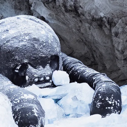 Image similar to A golem made of ice sleeping in a cave in Antarctica