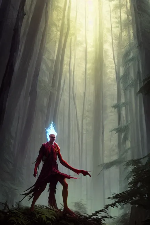 Image similar to a human nature elemental wizard, forest background, colorful magic, male, epic, white skin, young, sharp, concept art, dynamic lighting, unreal engine, octane, by greg rutkowski and svetlin velinov