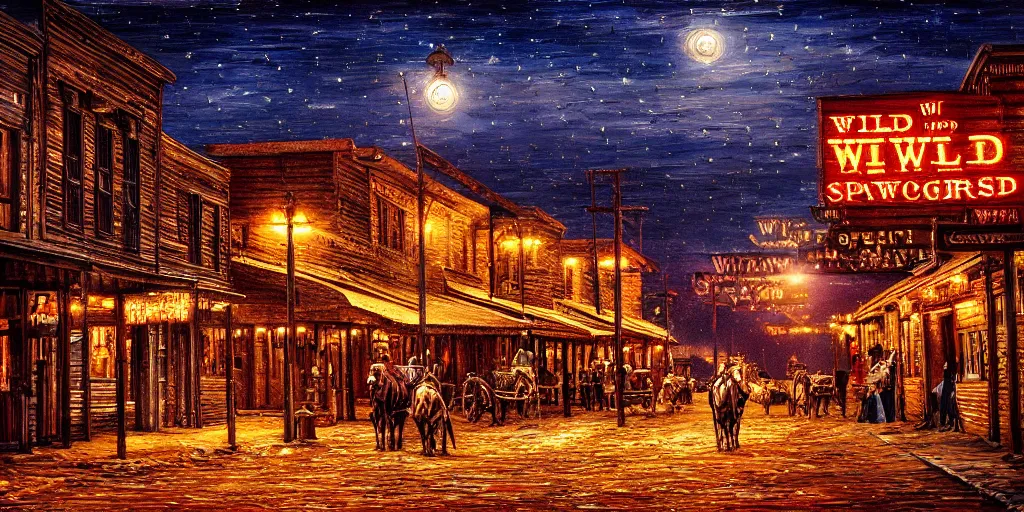 Image similar to oil painting of wild west small town, western, old west, nighttime, high production value, intricate details, high resolution, hyperrealistic, hdr, high definition, masterpiece, ultra realistic, highly detailed, hd, sharp focus, non blurry, sharp, smooth