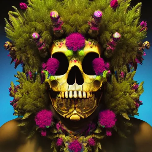 Image similar to a golden skull face african marijuanna shaman with an afro made of flowers, third eye art art by machina infinitum, complexity from simplicity, rendered in octane, mandelbulb 3 d, ambient occlusion, macro photography, felt!!! texture, tribal, neon! retrowave