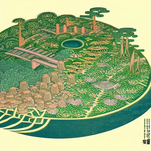 Prompt: 3 d isometric botanical illustration of a small city in an island surrounded by water, diego rivera in ukiyo - e style, variation 1, cyberpunk, hd