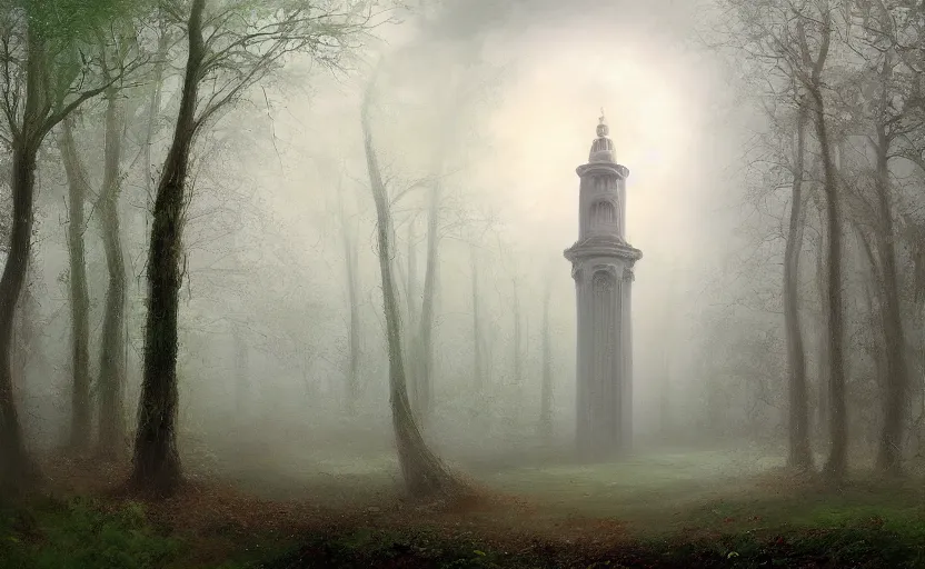 Prompt: A Neoclassical tower with dome on a magical gloomy mystical forest. By Konstantin Razumov, Fractal flame, chiaroscuro, highly detailded