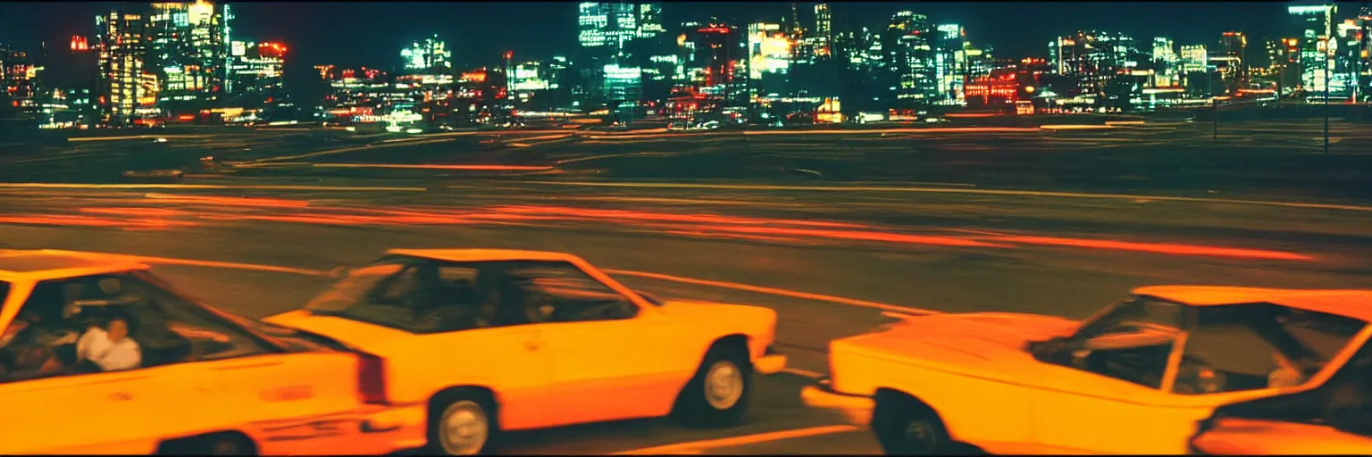 Image similar to 8 0 s neon movie still, high speed car chase on the highway with city in background, medium format color photography, 8 k resolution, movie directed by kar wai wong, hyperrealistic, photorealistic, high definition, highly detailed, tehnicolor, anamorphic lens, award - winning photography, masterpiece