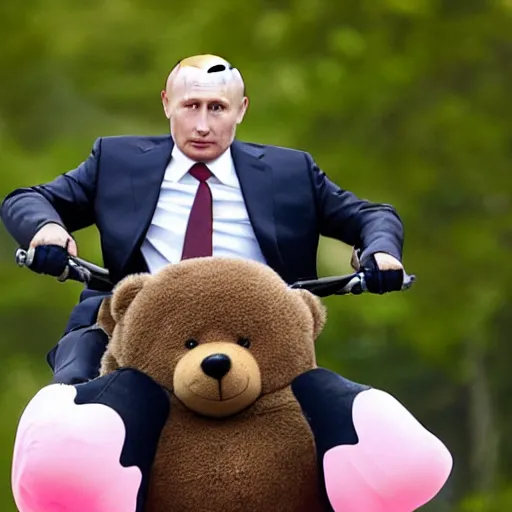 Prompt: vladimir putin, overweight, wearing a pink bikini and a bra, riding a bear, 8 k, professional portrait photography
