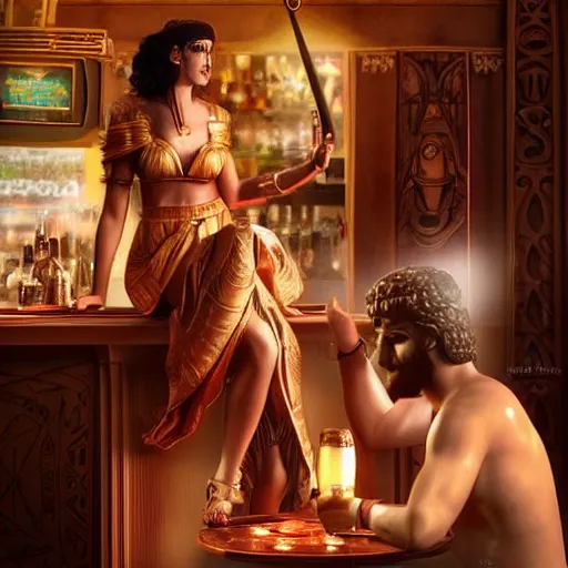 Image similar to an roman god on a date with Egyptian goddess at a bar Trending on artstation DeviantArt Pinterest furaffinty Photorealistic HD 8k highlights and shadow detailed High Resolution