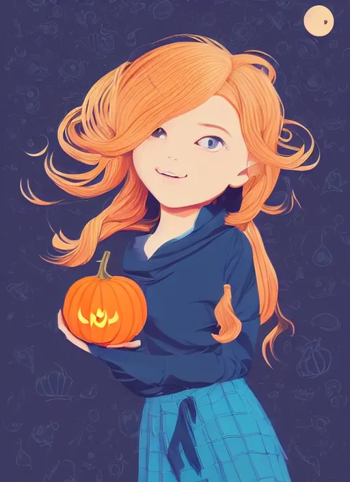 Image similar to little girl with long blonde hair holding a pumpkin. bats in the background. clean cel shaded vector art. shutterstock. behance hd by lois van baarle, artgerm, helen huang, by makoto shinkai and ilya kuvshinov, rossdraws, illustration, art by ilya kuvshinov